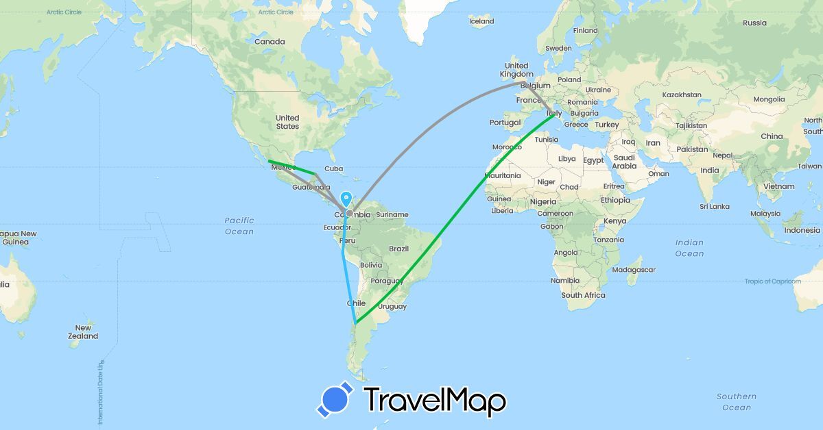 TravelMap itinerary: driving, bus, plane, boat in Chile, Colombia, United Kingdom, Italy, Mexico, Peru (Europe, North America, South America)